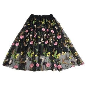 H&M Skirt Womens 8 Black Mesh Floral Embroidery Lined Boho Cottagecore Coquette‎